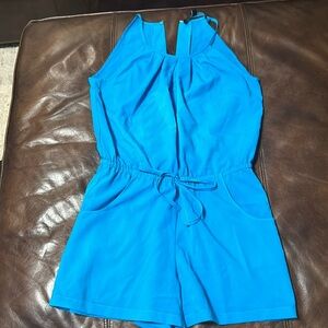Turquoise short silk-like jumper with tie string waist, size 2